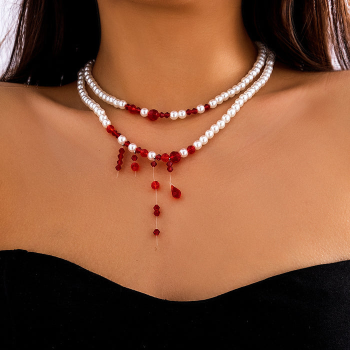 Wholesale jewelry round beads necklace vintage gothic style blood drop tassel imitation pearl necklace