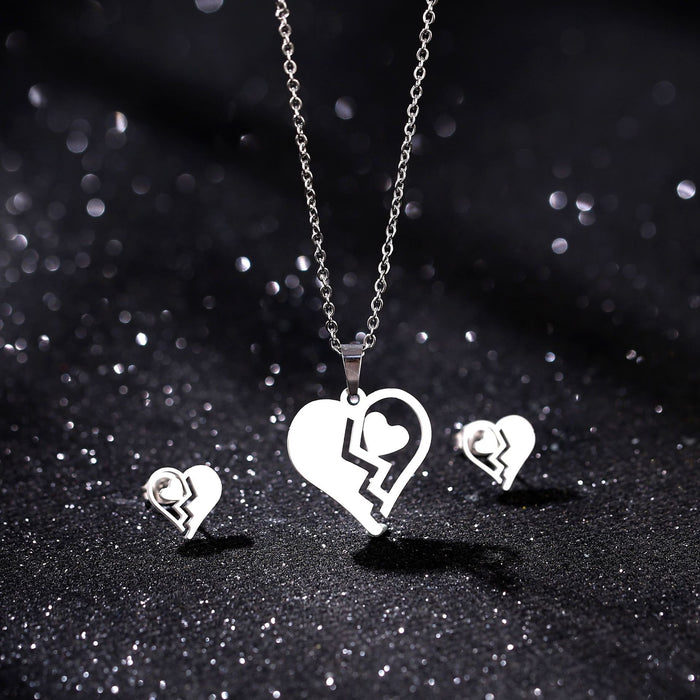 Wholesale Heart shaped heart-shaped stainless steel necklace earring set, fashionable and personalized jewelry set
