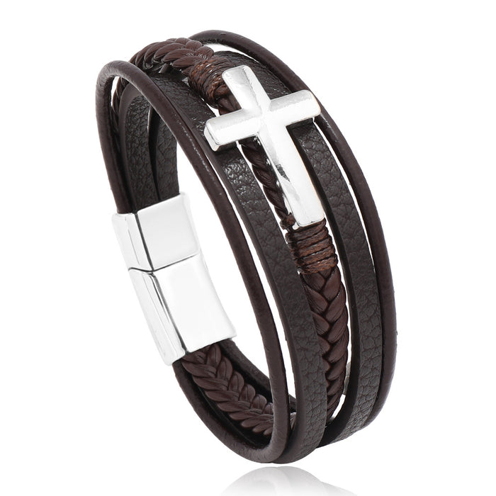 Wholesale Men's Hot Sale Hand Jewelry Can Be Engraved Braided Handmade Leather Magnetic Buckle Cross Alloy Bracelet JDC-BT-XH007