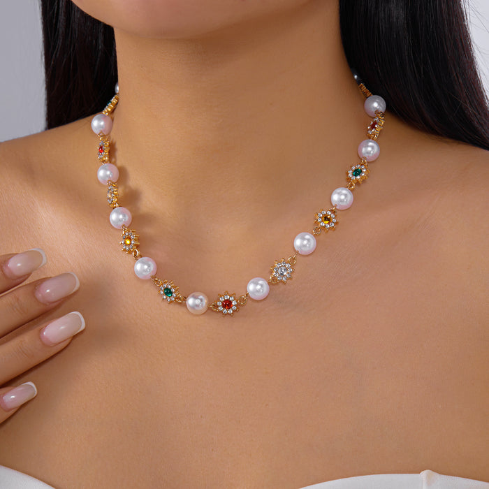 Wholesale niche diamond pearl ing necklace female design sense pearl colored diamond flower necklace