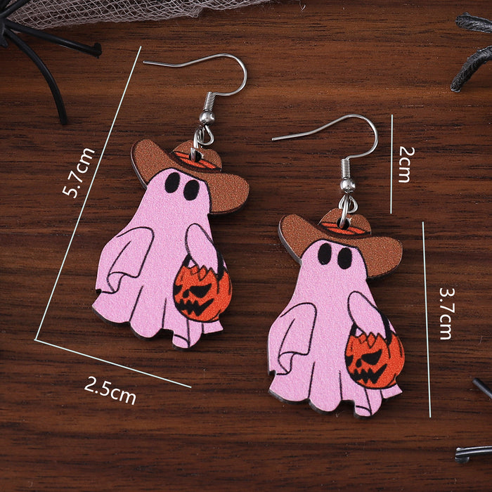 Wholesale  Western Ghost Face Pumpkin Cowboy Hat Ghost Pendant Earrings Wooden Denim Double-sided Earrings
