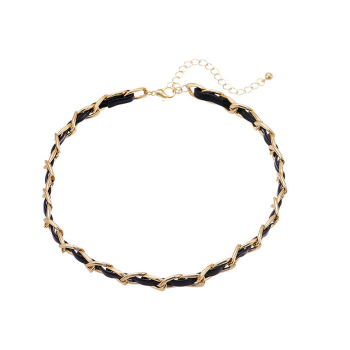 Wholesale Retro high-end neck chain, fashionable niche leather woven necklace, women's collarbone chain