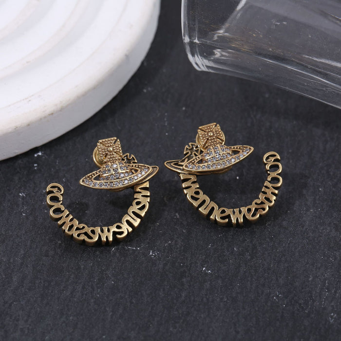 Wholesale Saturn full diamond letter earrings retro old planet earrings