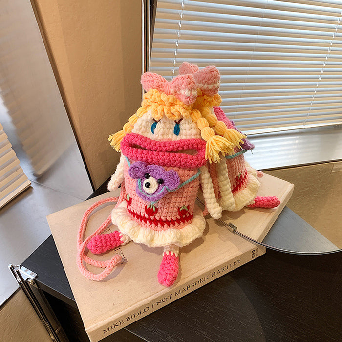 Wholesale Cute Handmade Crochet Bag Cartoon Doll Wool Bag Finished Woven Women's Crossbody Bag