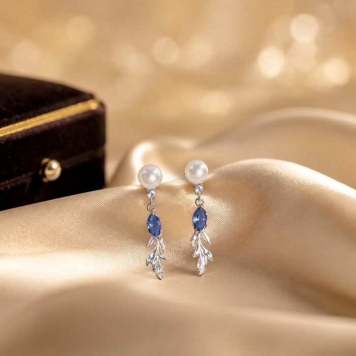 Wholesale Vintage Blue Diamond Pearl Long Earrings Silver Tassel Leaf Design Fairy Party Jewelry Accessory