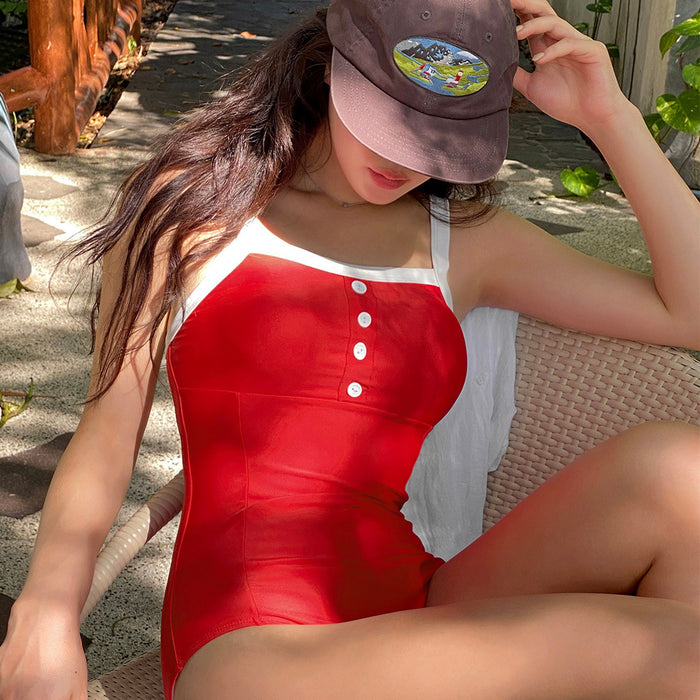 Wholesale New suspender one-piece swimsuit conservative high-end sexy vacation color blocked swimsuit