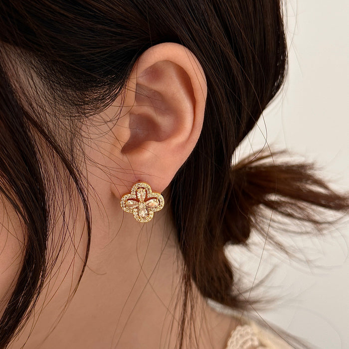 Wholesale Lucky Sparkling Zircon 18K Gold Plated Four-Leaf Clover Earrings