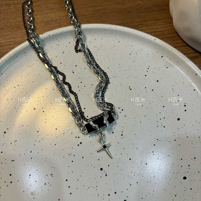 Wholesale Black necklace with butterfly and cross design,  hip-hop style.