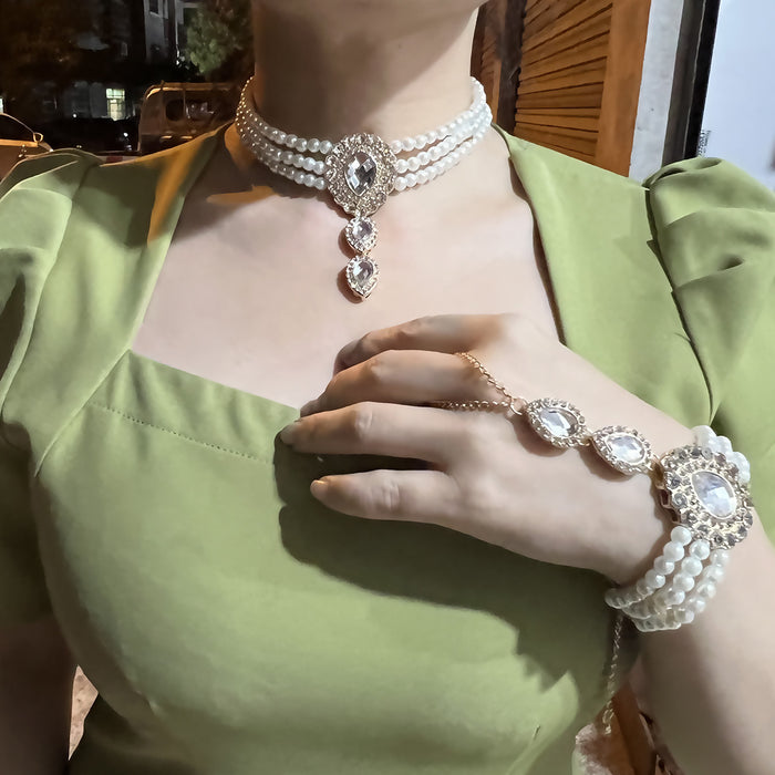 Wholesale bridal Wedding Jewelry Retro Elegant Multi-layer Pearl Diamond Choker Bracelet suit