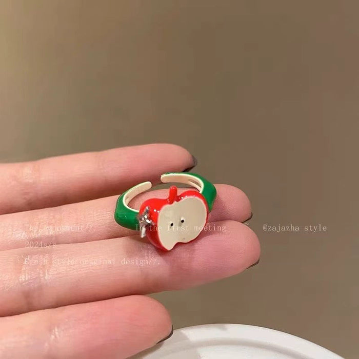 Wholesale Sweet and lovely sliced red and green apple ring, niche design, personalized and versatile ring