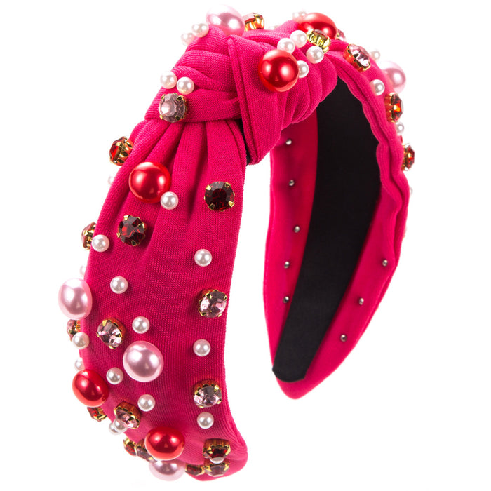 Wholesale Valentine' s Day pearl and rhinestone headband with knotted fabric design