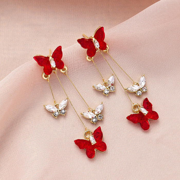 Wholesale Silver Needle Butterfly Earrings, Light Luxury, High Grade, Sparkling Diamond Long Earrings, Retro Style Earrings