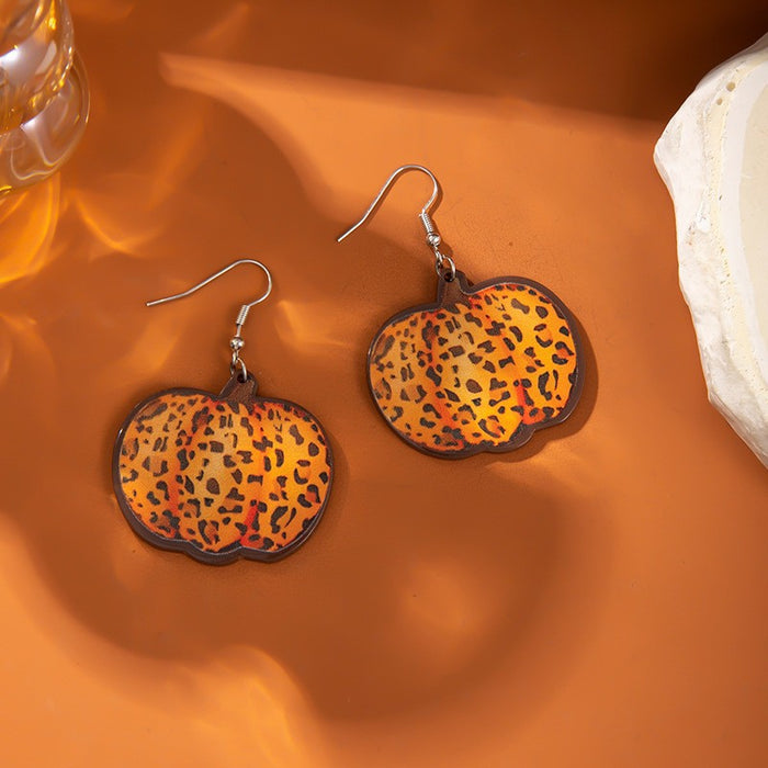 Wholesale Acrylic Leopard Print Pumpkin Earrings Autumn Harvest Thanksgiving  Jewelry Accessory