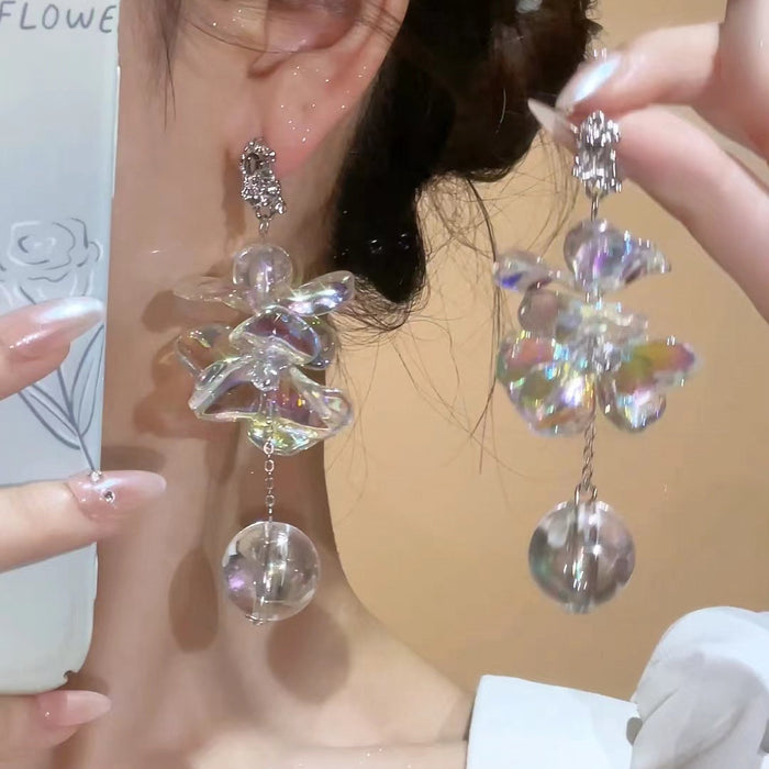 Wholesale Silver needle transparent flower earrings, niche and unique long design earrings