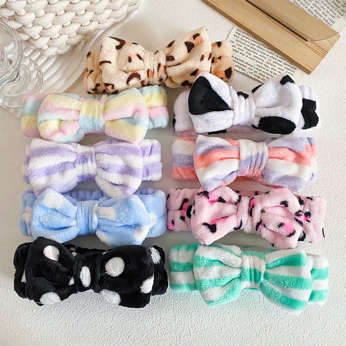 Wholesale Leopard Print Bow Striped Headband Wrist Strap Set Face Wash Mask Headband Flannel Hair Accessories