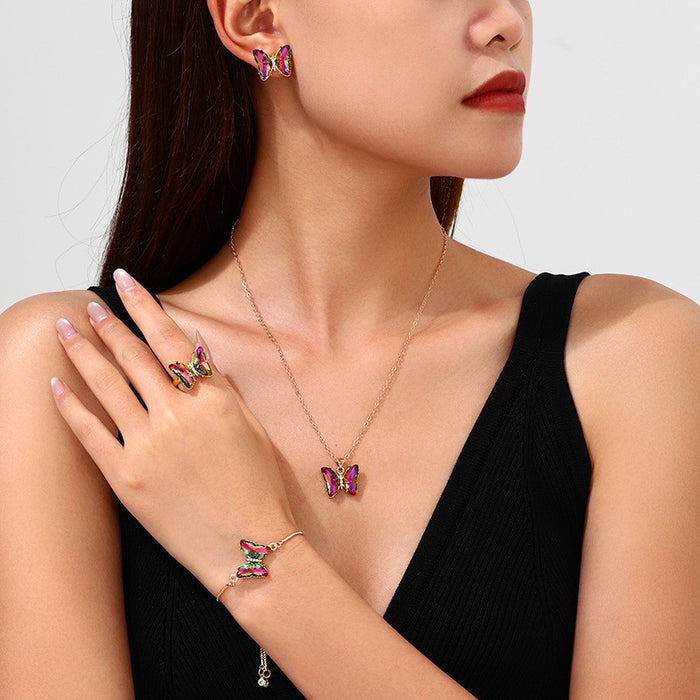 Wholesale Trendy Butterfly Jewelry Set Earrings Necklace Ring Alloy Fashion Accessory