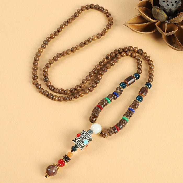 Wholesale Long Cotton and Linen Accessories Wooden Pendant Buddhist Beads Necklace JDC-NE-Luox003