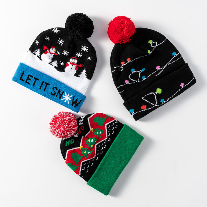 Wholesale 1000pcs Christmas Knitted Hat Jacquard Christmas Elk Luminous Led Wool Hat Christmas Fur Ball Hat