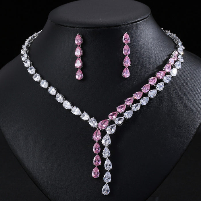 Wholesale Zircon Necklace Earrings suit Bridal Wedding Dress Jewelry First Jewelry Women' s Water Drops Accessories