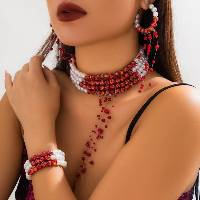 Wholesale jewelry round beads necklace vintage gothic style blood drop tassel imitation pearl necklace
