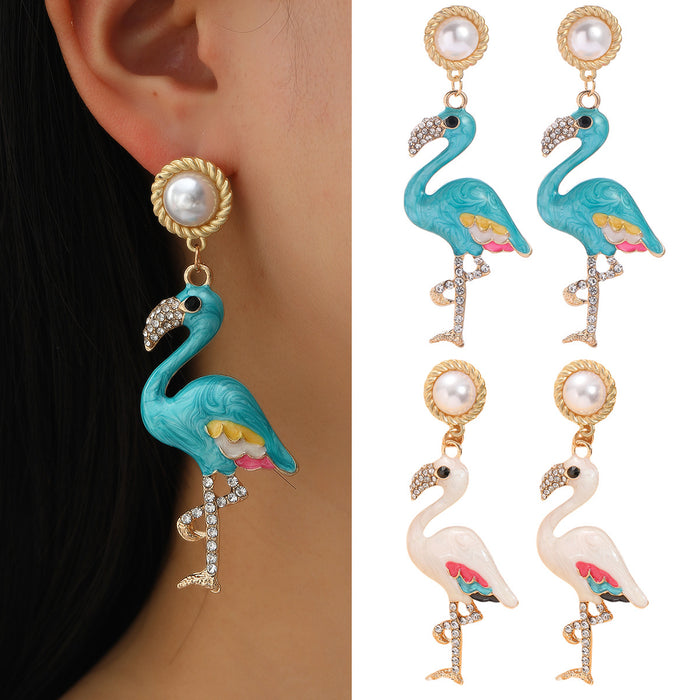 Wholesale Earrings Alloy Enamel White Crane Pendant Pearl Stud Earrings MOQ≥2 JDC-ES-JUYAO011