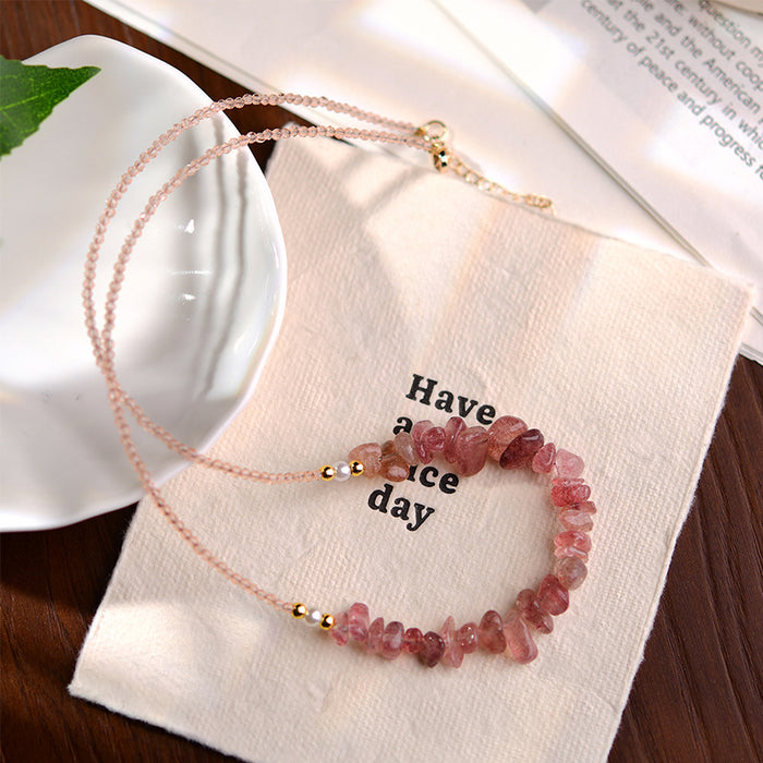 Wholesale Pink crystal necklace, crystal raw stone necklace, niche peach blossom crystal crushed stone necklace