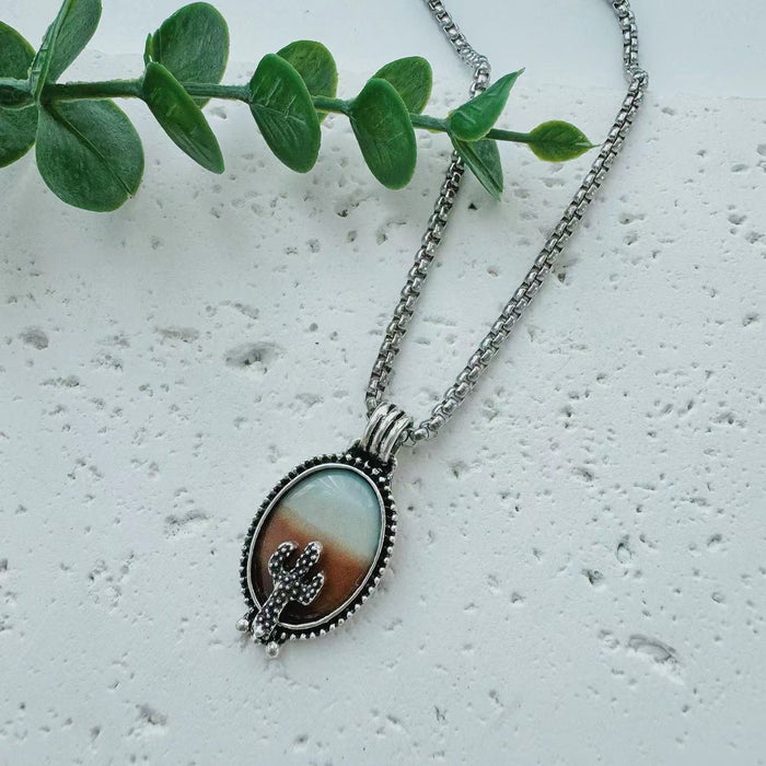 Wholesale Western Wind Sand Cactus Pendant Necklace Elliptical,  Small and Minimally Designed Alloy Jewelry