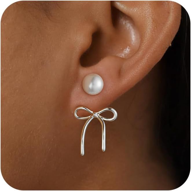 Wholesale New pearl bow earrings silver ribbon earrings hanging pearl high-end earrings