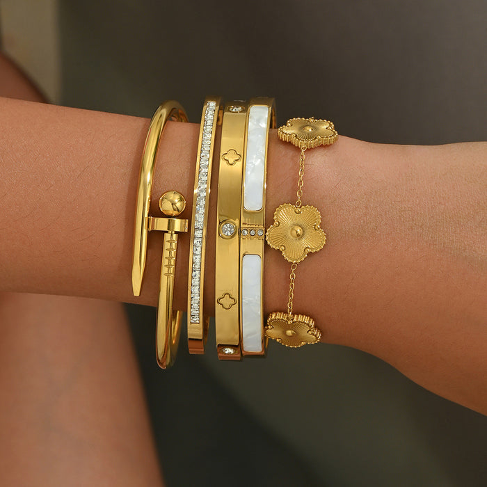 Wholesale Stainless Steel Gold Bangle Set With Rhinestones Chic Four Leaf Clover Design Fashion Jewelry Accessory