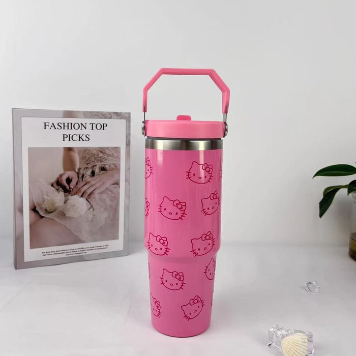 Wholesale Stainless steel ice cup cartoon pattern thermos cup large capacity portable handle car cup