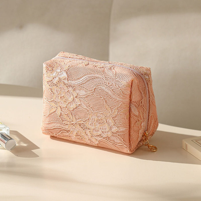 Wholesale Fashion Lace Makeup Bag Small Travel Cosmetic Pouch Beige Nylon Boutique Resale
