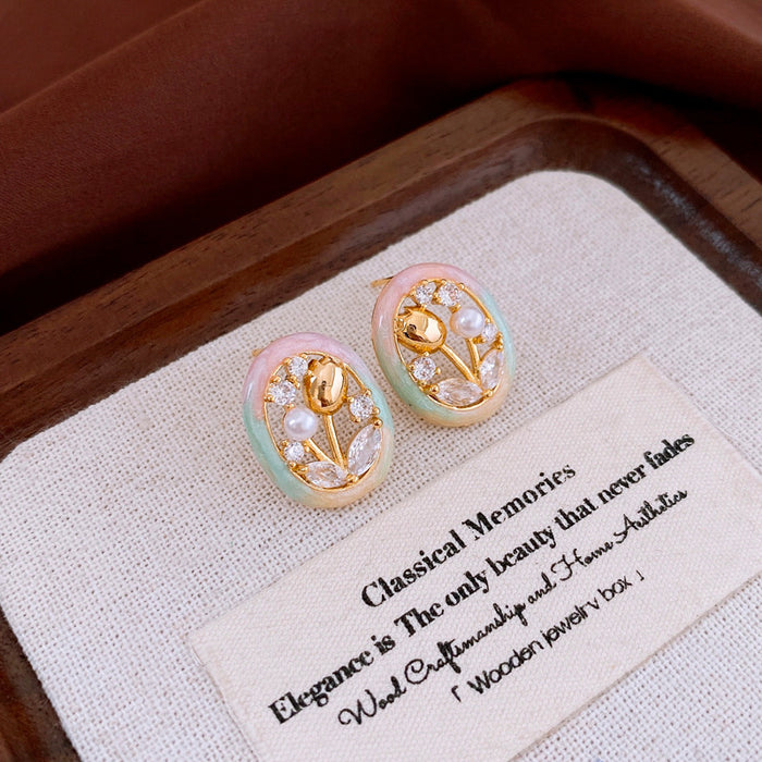 Wholesale Silver needle oil drop flower geometric earrings  summer new all-match earrings