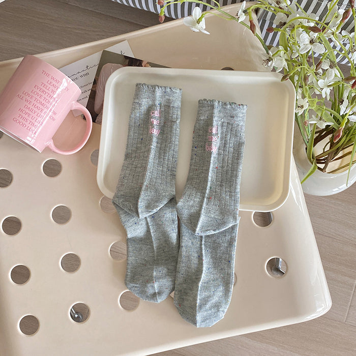 Wholesale Thin dotted yarn embroidered letters, mid tube socks, long tube socks, stacked socks, cotton