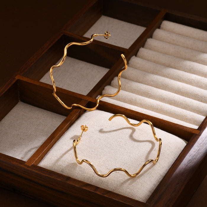 Wholesale Gold plated large earrings, stainless steel wave earrings, gold retro accessories