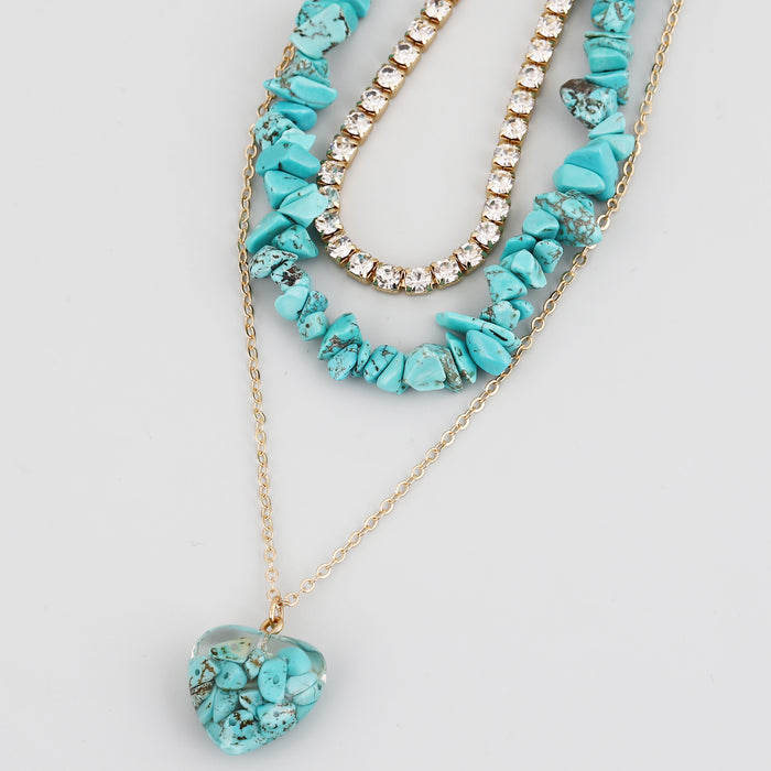 Wholesale alloy rhinestone multi-layer turquoise temperament necklace women