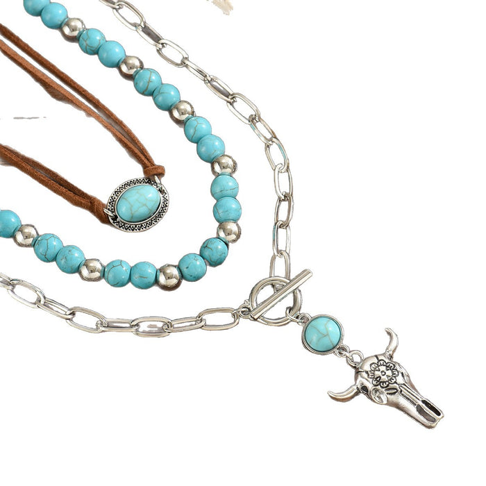 Wholesale Buckle Velvet Turquoise Inlaid Double-Layer Necklace Western Cowboy Retro Ancient Bull Head Necklace