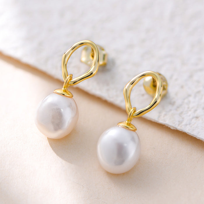 Wholesale S925 Sterling Silver Fashionable Simple Geometric Natural Baroque Pearl Earrings