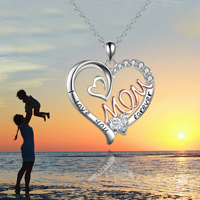 Wholesale Diamond-encrusted heart-shaped double heart " MOM"  letter pendant necklace