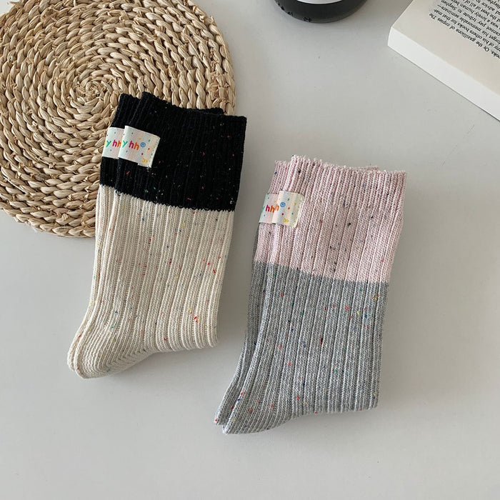Wholesale Color blocked heel fabric label, thick needle socks, dotted yarn, middle tube, stacked socks