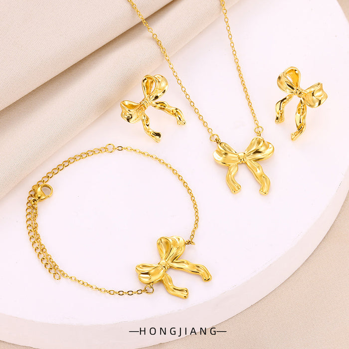 Wholesale 18K Stainless Steel Bow suit Bow Bracelet Earrings Necklace Jewelry