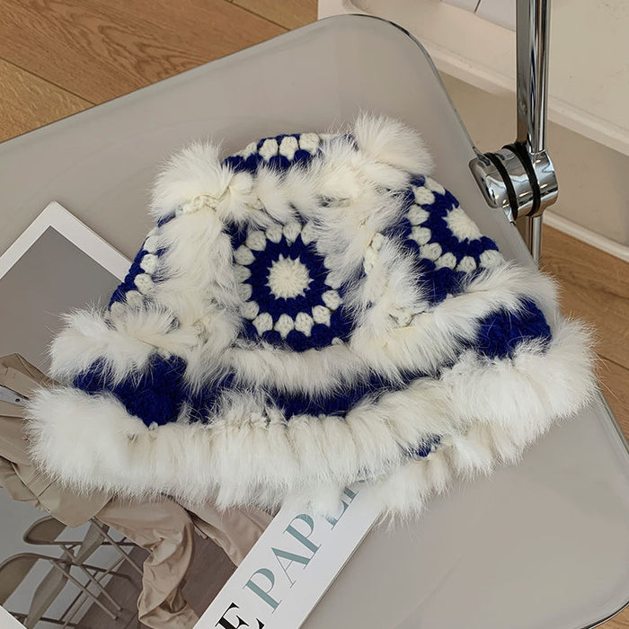 Wholesale Rabbit hair knitted plush hat for women in autumn and winter, new furry lion awakening fisherman hat, face enhancing small woolen hat