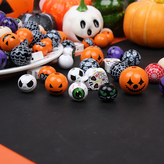 Wholesale 50PCS Halloween Colorful Witch Pumpkin Ghost Face Wooden Beads JDC-BDS-TianYue023