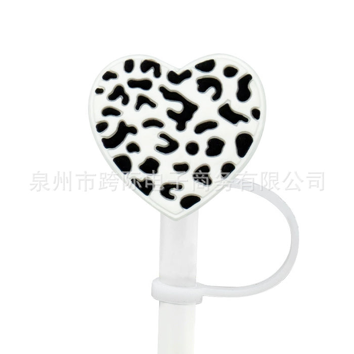 Wholesale New Love Leopard Pattern Straw Cover Straw Cap Silicone Dustproof Stopper Cute Anime Party Straw Decoration Cross border Product