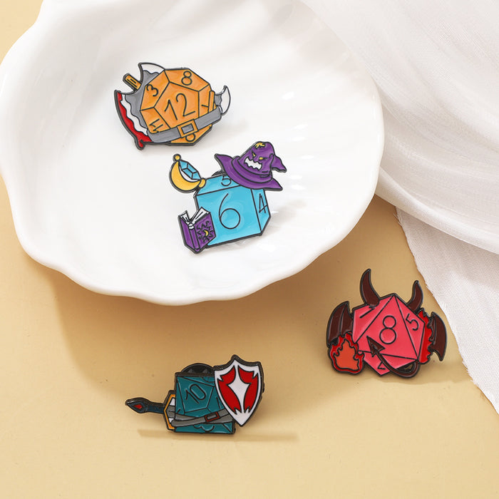 Wholesale Zinc alloy dice brooch twenty sided multi faceted metal badge with numbers