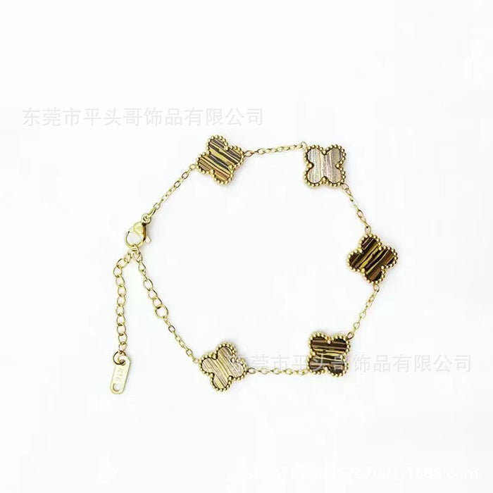 Wholesale Titanium Steel Double Sided V Gold Red Agate Four Leaf Clover Bracelet JDC-BT-Pingtouge003