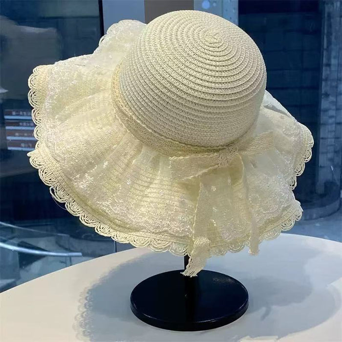 Wholesale Lace straw hat with large brim, outdoor UV resistant straw woven sun hat