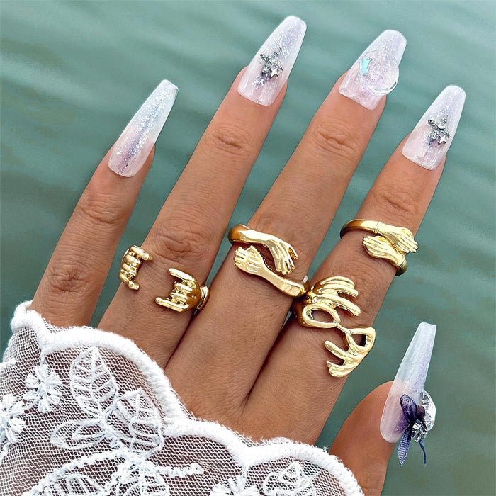 Wholesale Exaggerated Geometric Curved Alloy Open Ring Six-piece Set JDC-RS-YongG002