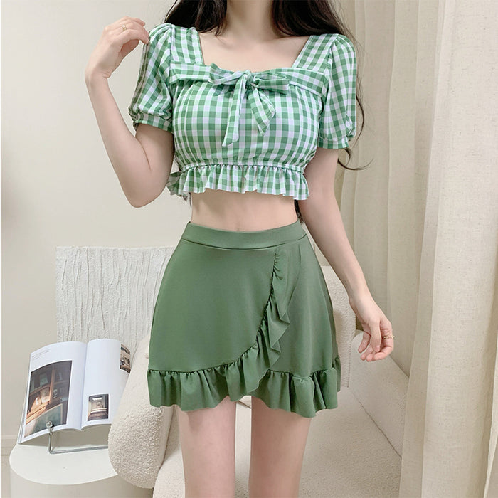 Wholesale Female swimsuit two-piece set with grid pattern, student swimsuit, hot spring bath, professional wholesale