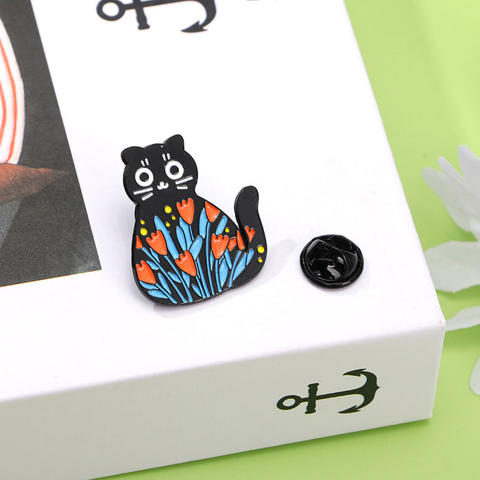 Wholesale Original cute black cat flowers and plants alloy brooch