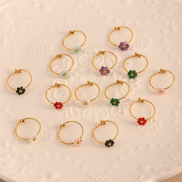 Wholesale Fashionable and minimalist stainless steel cut surface natural stone flower ring, personalized and versatile, multi-color adjustable ring